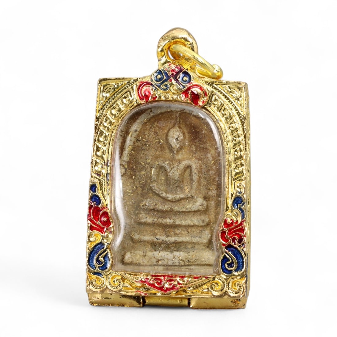Antique Thai Somdej Buddha Clay Amulet in Enamel Gilt Case, c. 19th-20th Century, 55g: This elegant antique Thai Somdej amulet features the iconic Buddha image seated serenely in meditation upon a triple-tiered dais, molded from sacred temple clay and framed in a vibrant enamel gilt cas