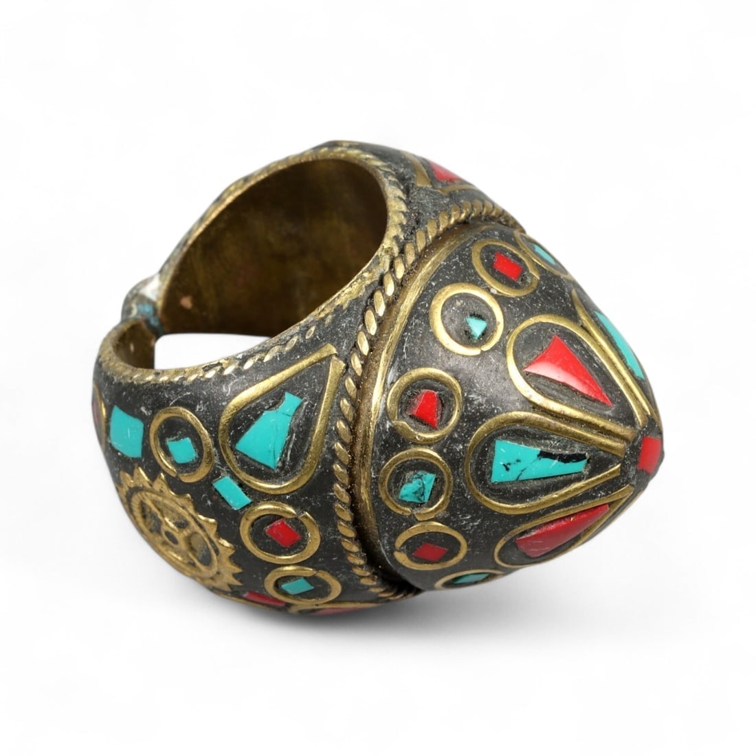 Antique Afghan Tribal Brass Turquoise Coral Inlay Power Ring, c. Mid-20th Century, 25.3g (1 of 3)