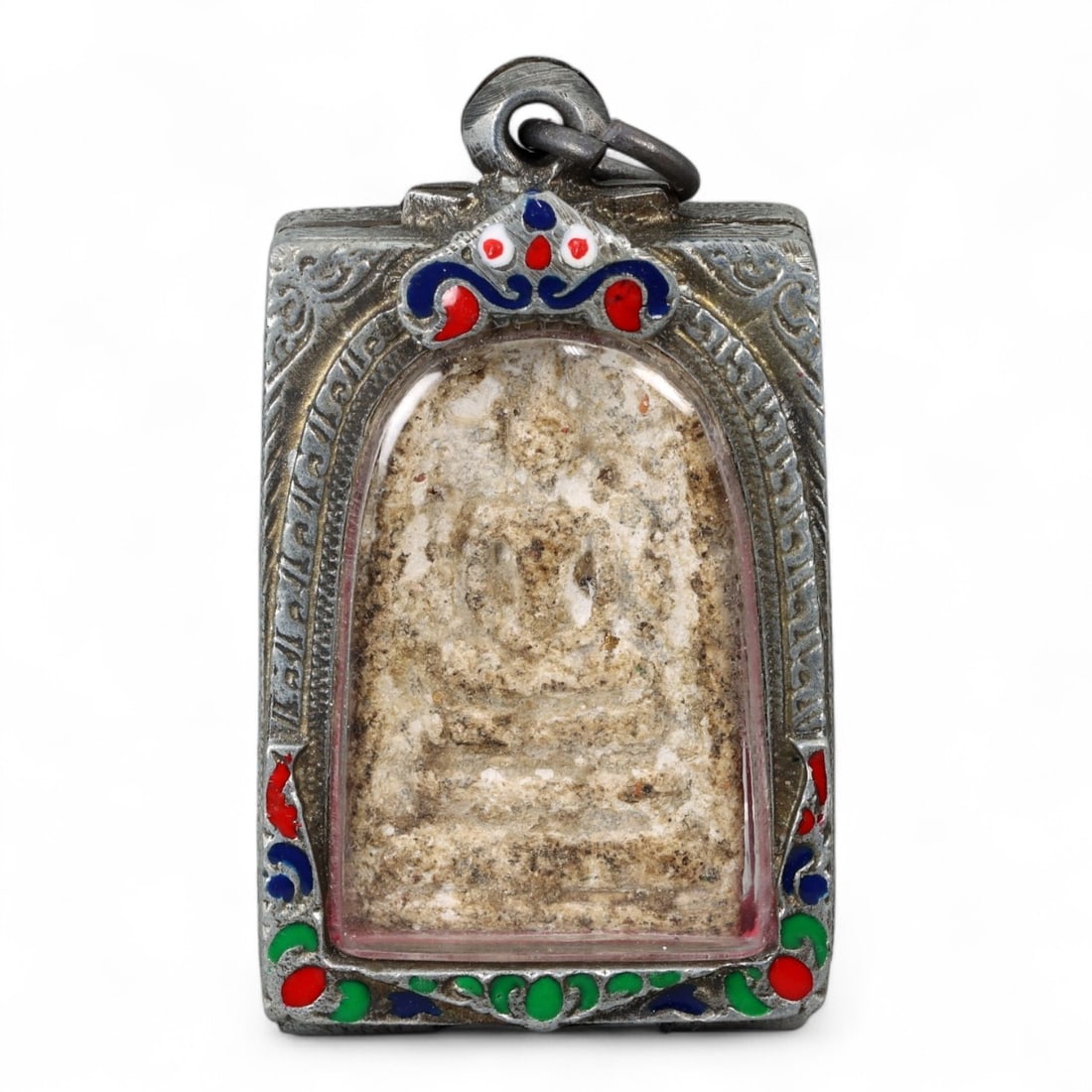 Antique Thai Rattanakosin Somdej-Style Buddha Clay Amulet in Enamel Case, c. 19th Century CE, 35g: This antique Thai amulet from the Rattanakosin period (c. 19th century CE) reflects the timeless grace of the Phra Somdej style, known for its minimalist depiction of the Buddha seated in serene medit