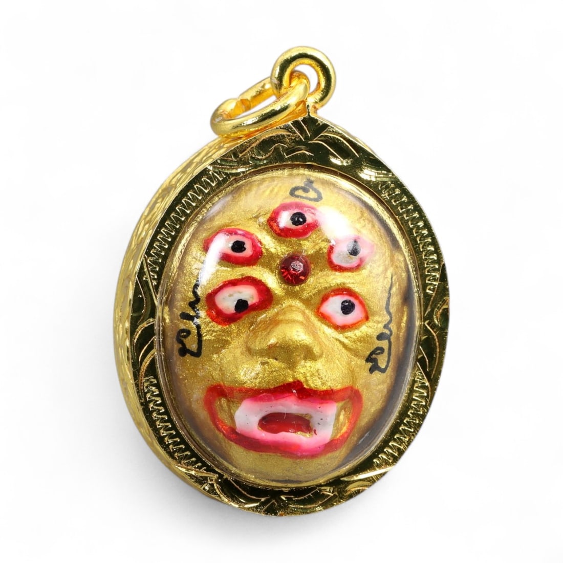 Vintage Thai Multi-Eyed Spirit Face Amulet in Gilt Oval Pendant, c. Late 20th Century, 10g (1 of 2)
