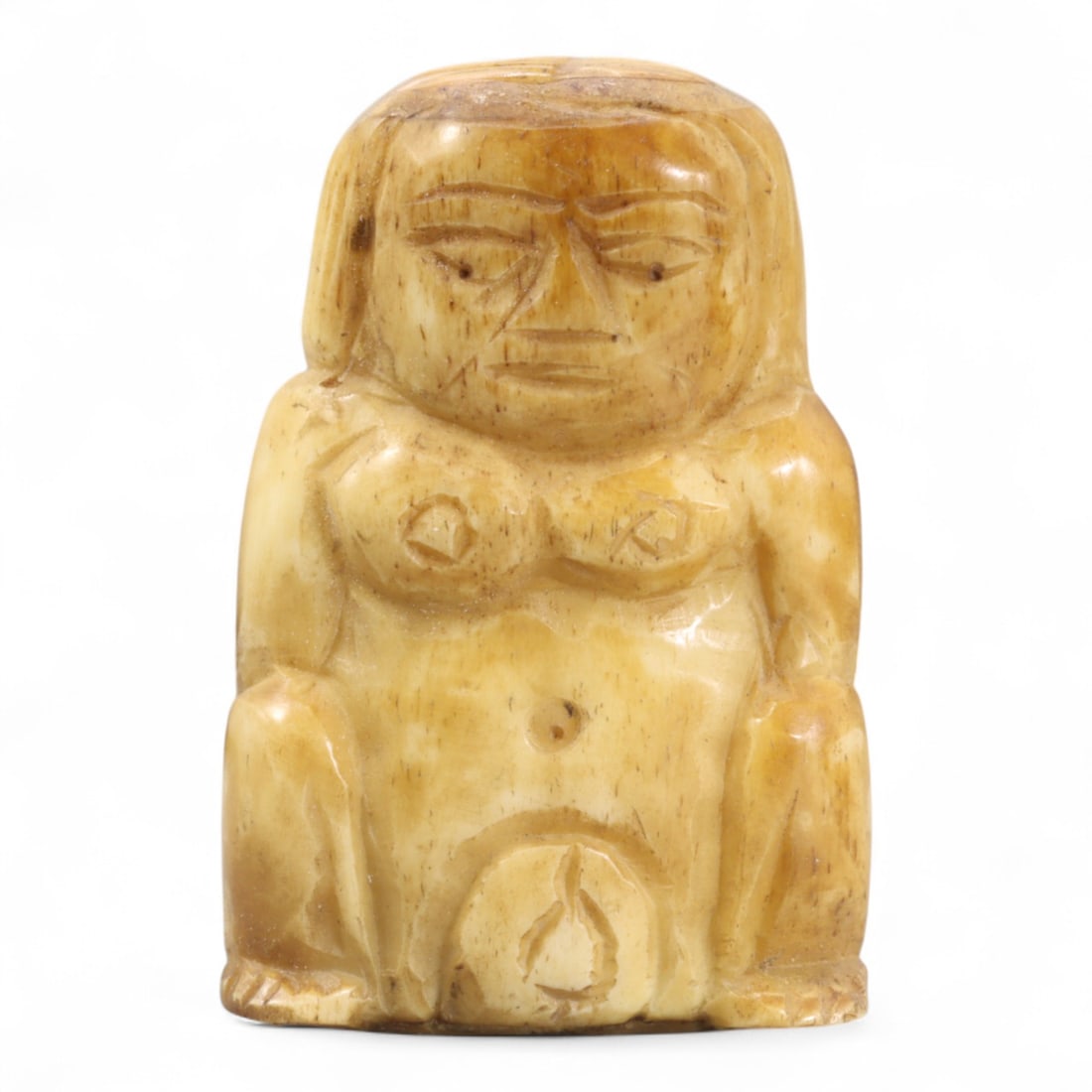 Antique Thai Rattanakosin Fertility Goddess Bone Amulet, Mid 20th Century, 44g: This striking mid-20th century Thai amulet, carved in bone, depicts a stylized female fertility figure-bold in form and unmistakable in symbolism. Created during the Rattanakosin period, it embodies t