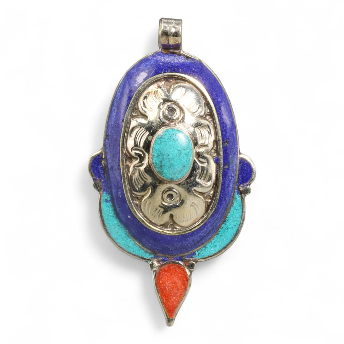 Tibetan Triple Inlay Lotus Silver Alloy Pendant in Turquoise, Lapis, Coral, 33g (1 of 2)