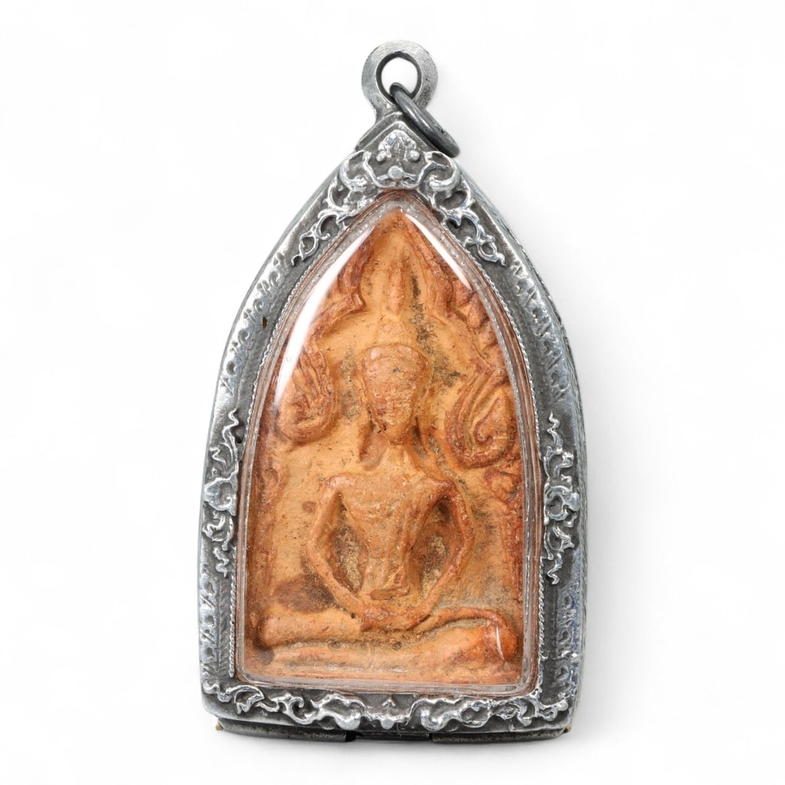 Thai Rattanakosin Buddha Naga Clay Amulet in Silver Scrollwork Frame, c. early 20th Century, 62g (1 of 2)