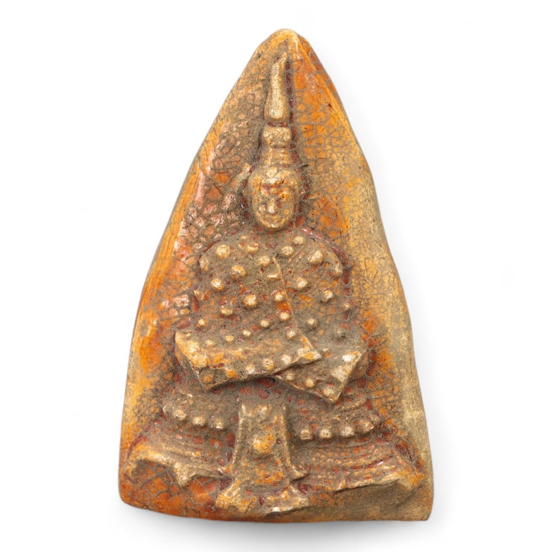 Vintage Thai Royal Guardian Figure Clay Amulet in Orange Lacquer, Mid 20th Century, 24g: This vibrant vintage Thai amulet, molded from earthen clay and finished in a lustrous orange lacquer, presents a striking figure believed to be a royal guardian or celestial deity from Thai Buddhist c