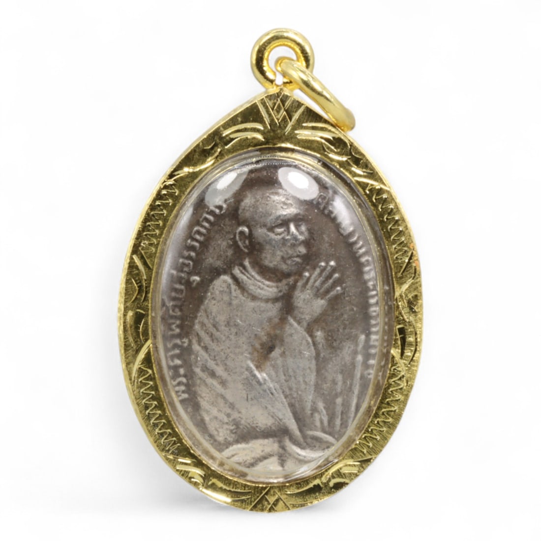 Vintage Thai Monk Portrait Oval Silvered Amulet in Gilt Frame, c. 20th Century, 9g (1 of 2)