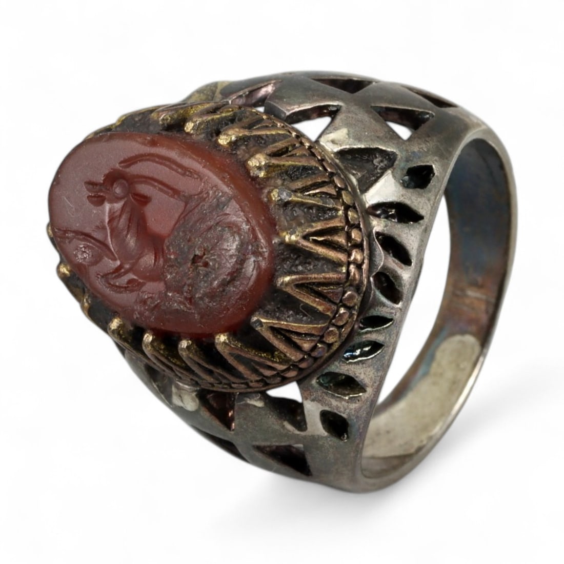 Antique Persian Ibex Intaglio Lattice Silver Carnelian Ring, c. 1900, 9g (1 of 3)