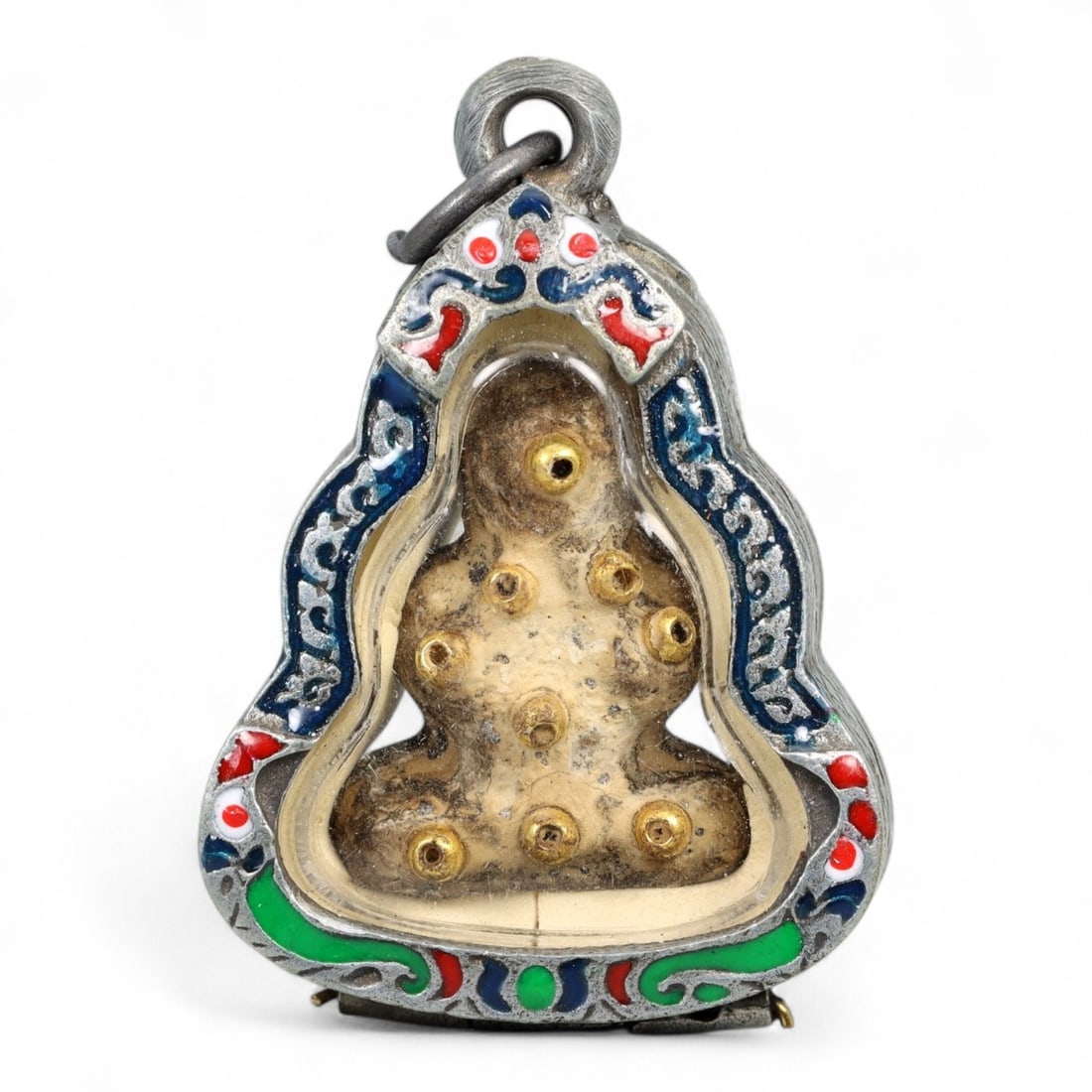 Vintage Thai Buddha Amulet with Brass Inserts in Enamel Silver-Tone Case, c. Mid-20th Century, 36.9g (1 of 2)