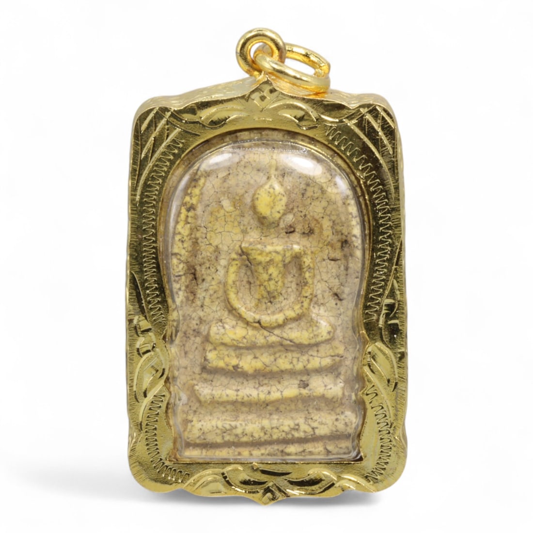 Antique Thai Phra Somdej Style Clay Amulet in Gilt Frame, c. Early 20th Century, 14g: This traditional Thai amulet features a classic Phra Somdej style seated Buddha image deeply impressed into a cream-toned clay base. With its visible aging cracks and distinctive patina beneath a curv