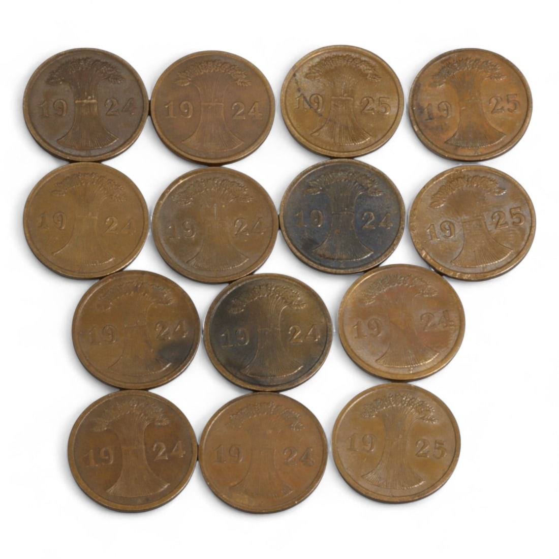 GERMANY: Weimar Republic - Agrarian Unity 2 Reichspfennig Coin Lot, 1924-1925: This 14-coin lot of 2 Reichspfennig copper coins hails from the early stabilization phase of the Weimar Republic, minted in 1924 and 1925 following the collapse of the Papiermark and the introduction 