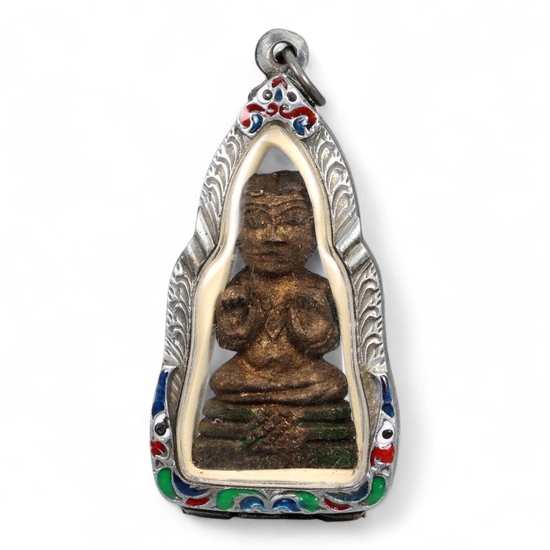 Antique Thai Devotional Buddha Amulet in Silver Enamel Shrine Frame, c. Early 20th Century, 51g (1 of 2)