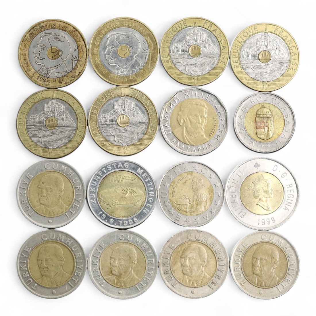 EUROPE/MULTINATIONAL: Icons of Change - Transitional Europe Mixed Coin Group, 1989-2005, 20-26mm: This eclectic 16-coin group captures a pivotal cross-section of European monetary symbolism in the twilight of national currencies and the dawn of continental integration. From France's bimetallic 20 