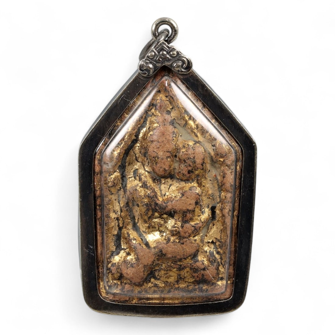 Antique Thai Gilded Buddha Embrace Amulet Terracotta Pendant, 19th-20th Century, 23g (1 of 2)