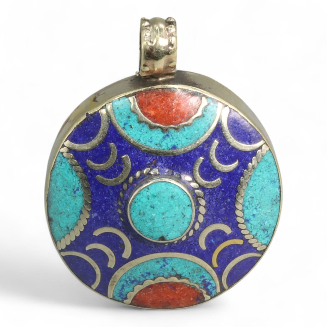 Tibetan Cloisonne Style Turquoise Lapis Coral Inlay Pendant Necklace, Himalayas Origin, 26g (1 of 2)