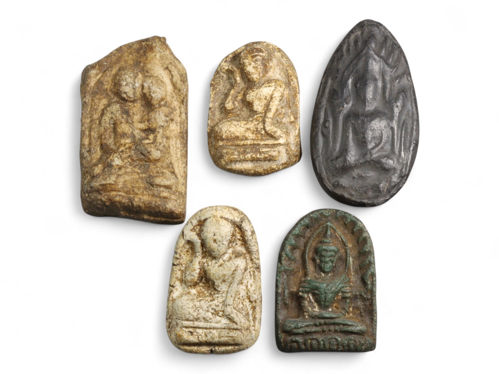 Antique Thai Mixed Form Buddha Clay Amulet Set of 5, Devotional Types, c. Early 20th Century, 50g (1 of 2)