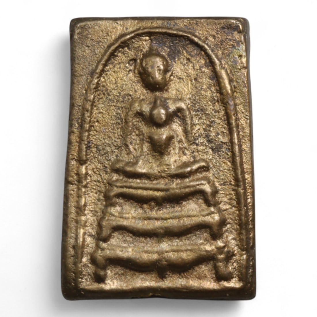 Antique Thai Rattanakosin Seated Buddha Arch Bronze Amulet, c. 19th Century, 45g: This powerful bronze Thai amulet, dating to the 19th century during the Rattanakosin Kingdom, captures the timeless serenity of the Buddha in meditation. Cast in high relief, the image depicts a seate