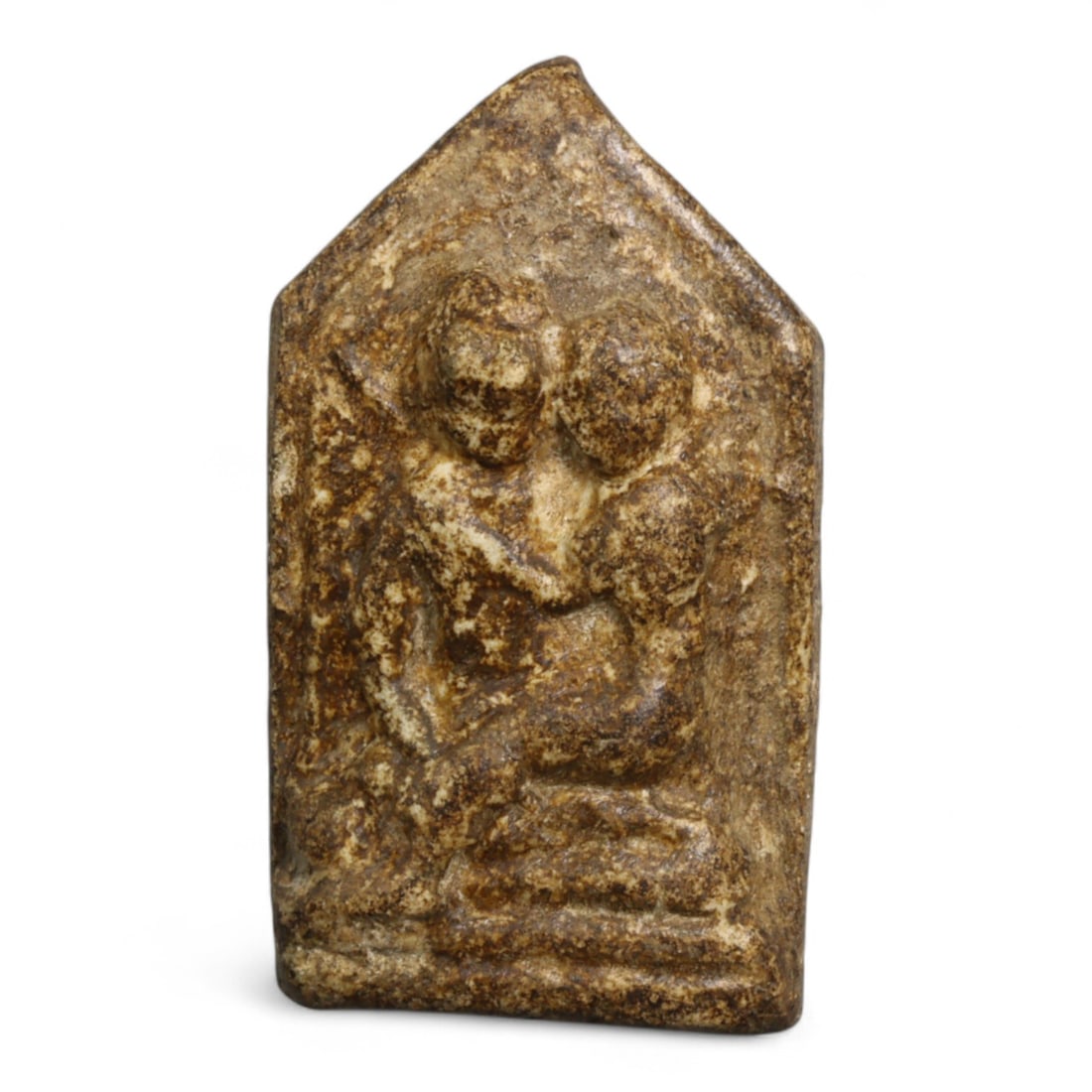 Antique Thai Tantric Embrace Clay Amulet in Temple-Form Frame, c. 19th-20th Century CE, 11g: This unusual and esoteric antique Thai amulet features a tantric couple in close embrace, housed within a pointed shrine-like frame. Likely dating to the late 19th or early 20th century CE, this piece