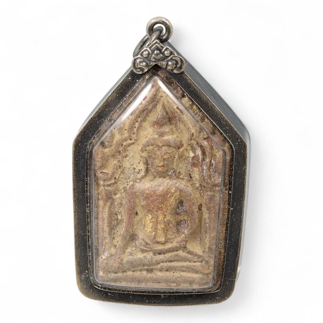 Antique Thai Ayutthaya Buddha Crowned Flame Motif Clay Amulet, c. 15th-17th Century, 19.5g (1 of 2)