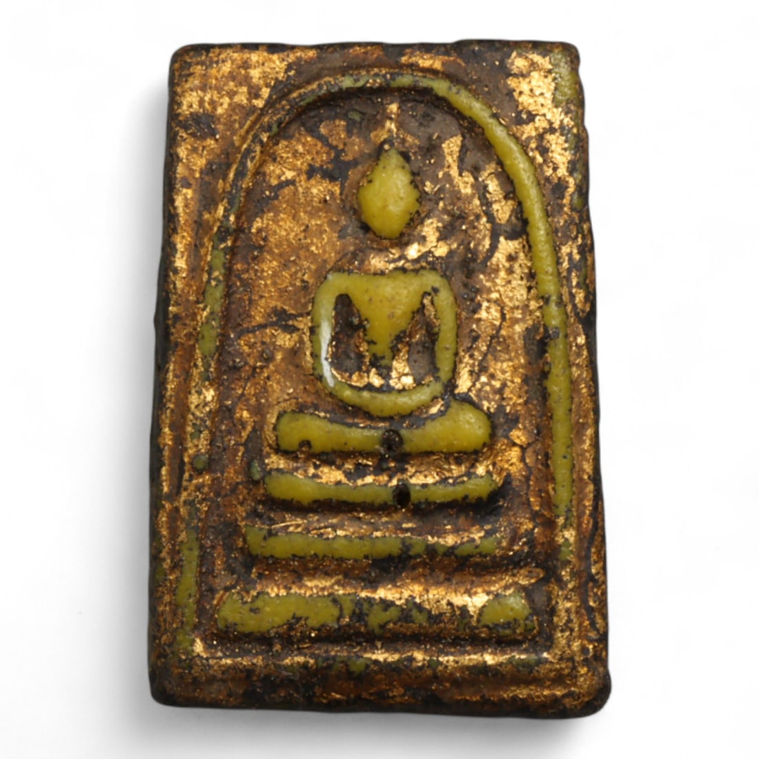 Vintage Thai Seated Buddha Gilt Lacquered Clay Amulet, c. Mid 20th Century CE, 5g (1 of 2)