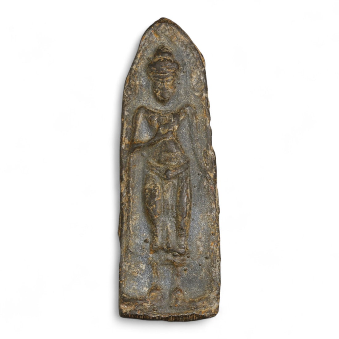 Antique Thai Rattanakosin Walking Buddha Metal Amulet, Sukhothai Style, c. Early 20th Century, 27g: This graceful Thai amulet, standing 8 cm tall and weighing 27 grams, portrays the Buddha in elegant motion - a walking pose derived from the revered Sukhothai tradition. Likely created during the earl