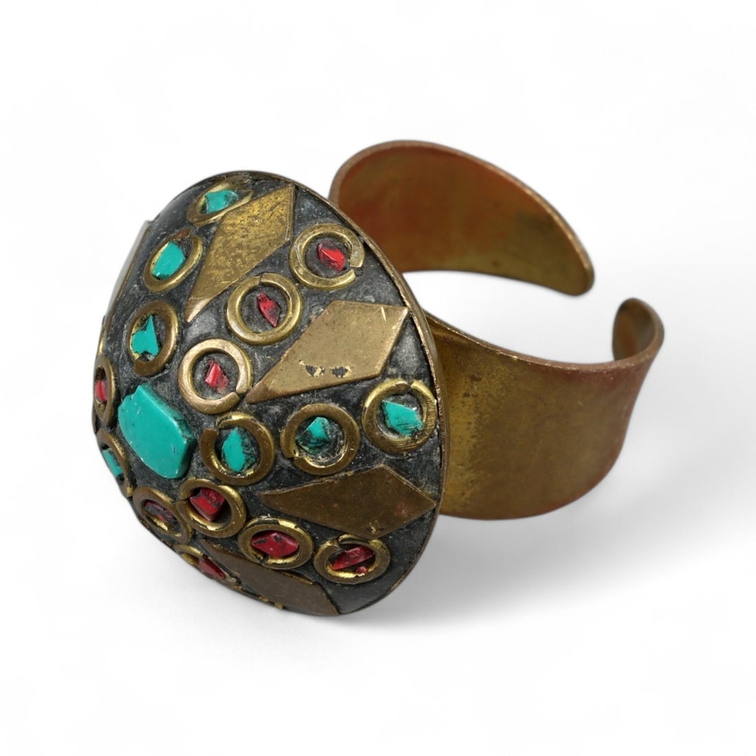 Antique Central Asian Tribal Inlay Brass Shield Ring, c. Late 19th Century, 14g (1 of 3)
