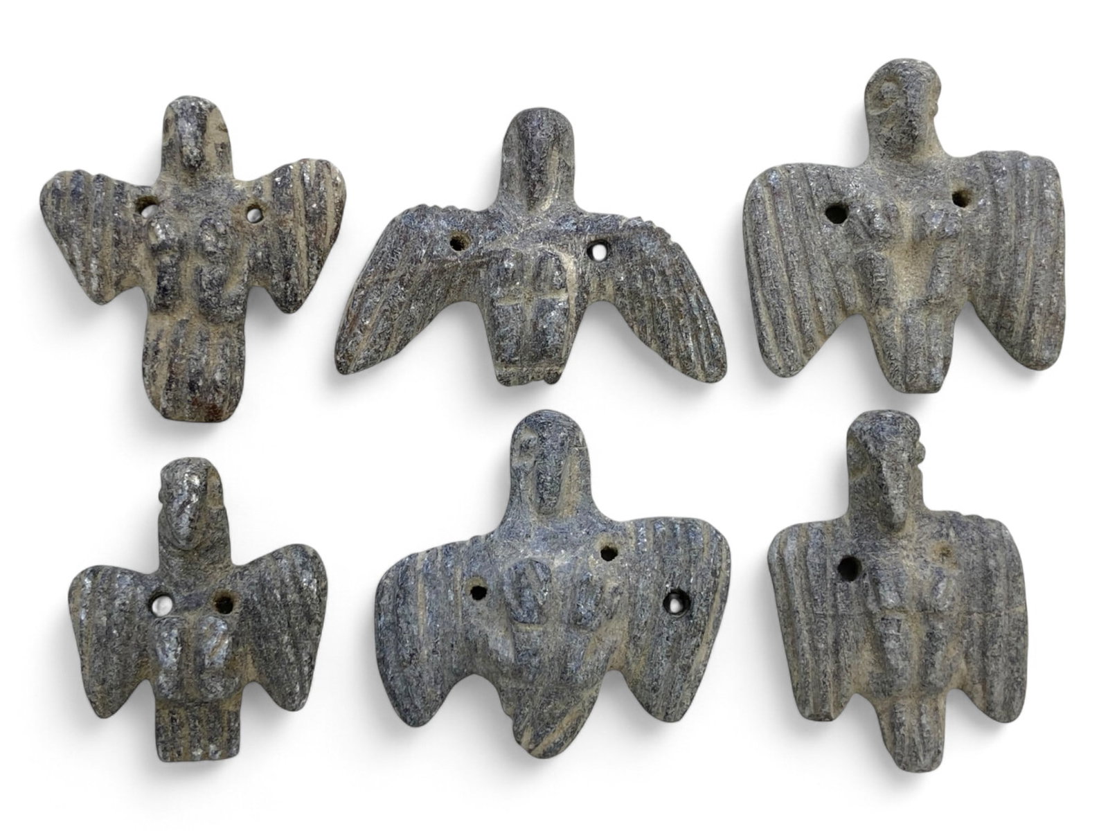 Ancient Egyptian Steatite Vulture Amulet Set of 6, c. 1550-1070 BCE (New Kingdom), 62g: This powerful ensemble of six carved vulture-shaped amulets hails from Ancient Egypt's New Kingdom period (c. 1550-1070 BCE), an era of imperial expansion, religious innovation, and artistic refinemen