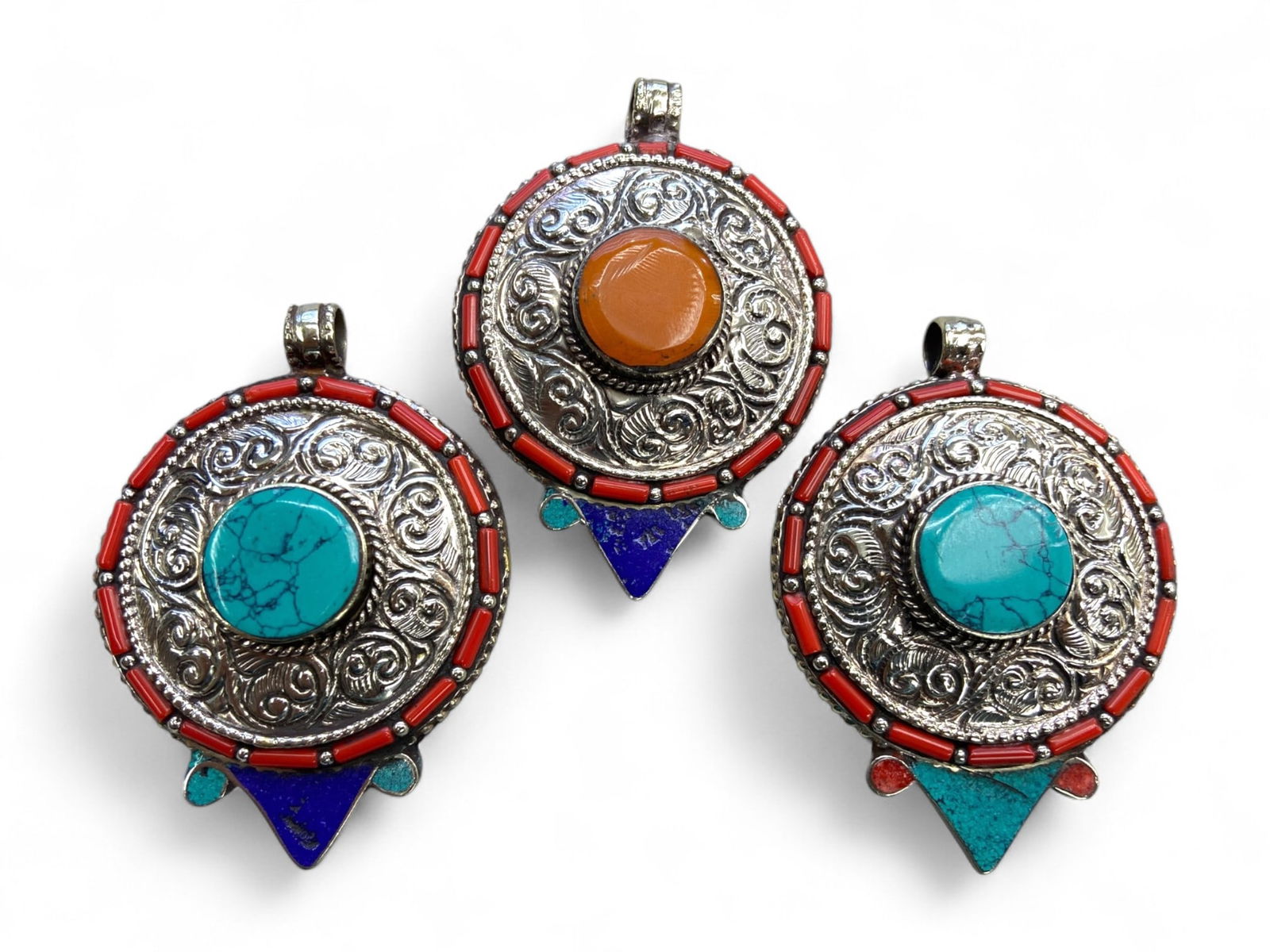 Vintage Himalayan Tribal Turquoise Coral Lapis Silver Pendants, 20th Century, 156g (1 of 1)