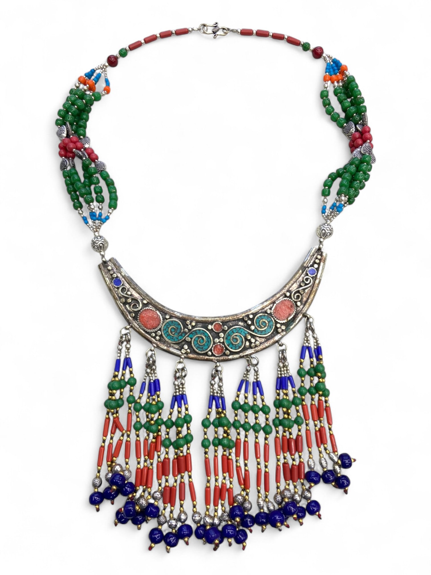 Vintage Himalayan Tribal Coral Turquoise Lapis Silver Necklace, 20th Century, 218g (1 of 1)