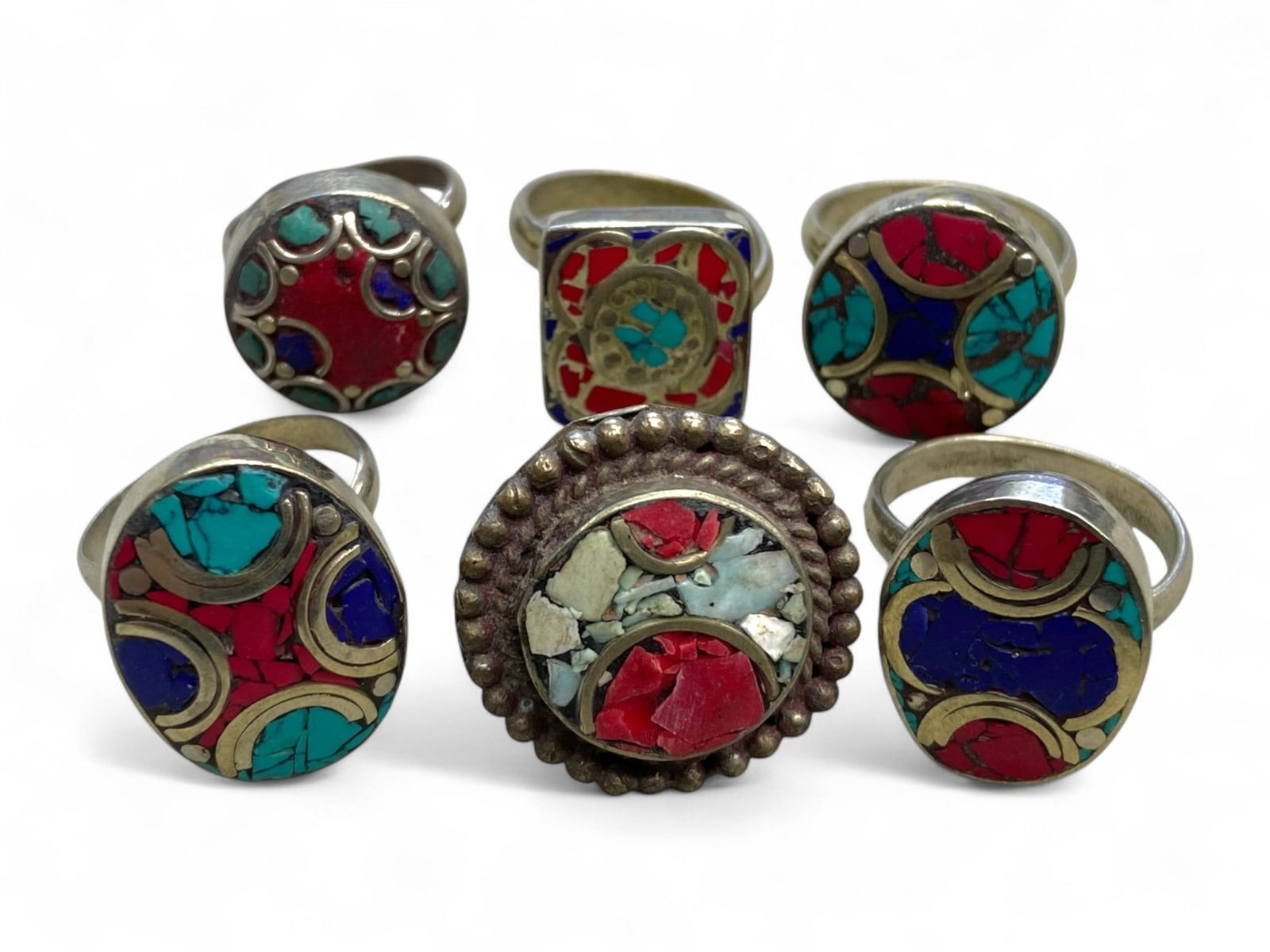 Vintage Himalayan Tribal Coral Turquoise Lapis Silver Ring Set of Six, 20th Century, 39g (1 of 2)