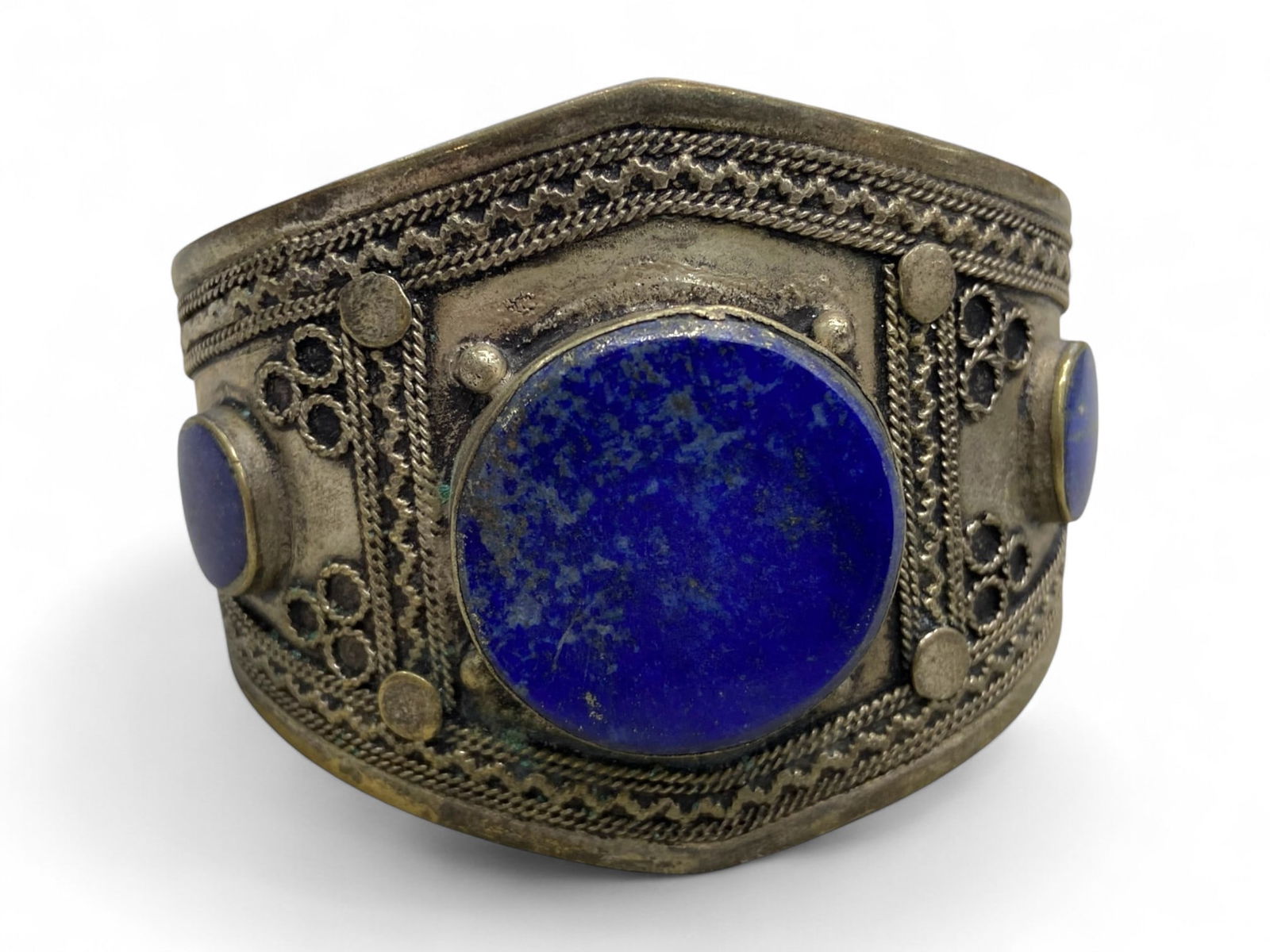 Vintage Himalayan Tribal Lapis Lazuli Silver Bracelet, 20th Century, 46g (1 of 3)