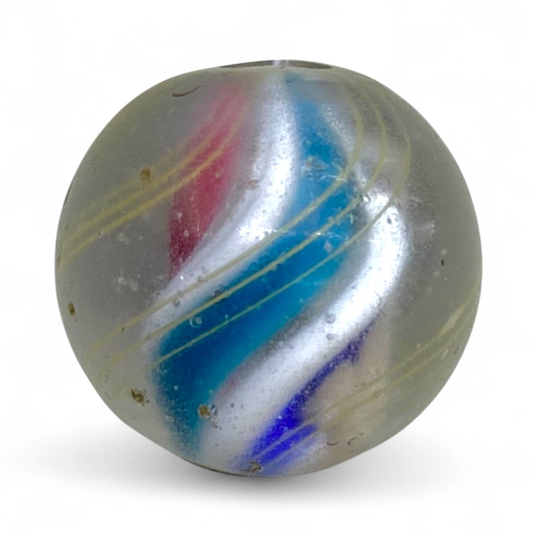 Antique Handcrafted Swirl Glass Marble in Red-Blue-Yellow Ribbon, c. 19th-Early 20th Century CE, 9g: This luminous antique marble, crafted around the turn of the 20th century, showcases the mesmerizing beauty of early handmade glass artistry. Weighing 9 grams and measuring 2 cm in diameter, it featur