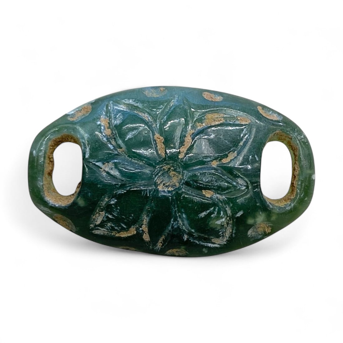 Ancient Chinese Floral Carved Jade Strap Connector, c. Han Dynasty, 11g (1 of 3)