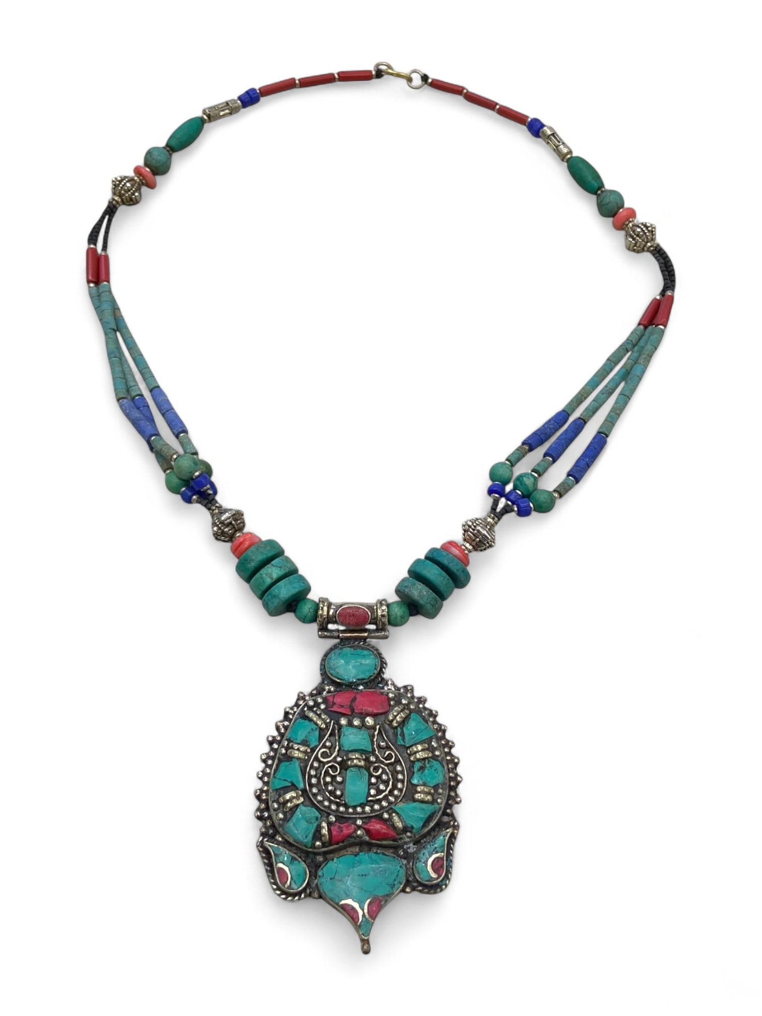 Tibetan Conch Spiral Mosaic Turquoise Amulet Necklace, Himalayan Origin, 67g (1 of 1)