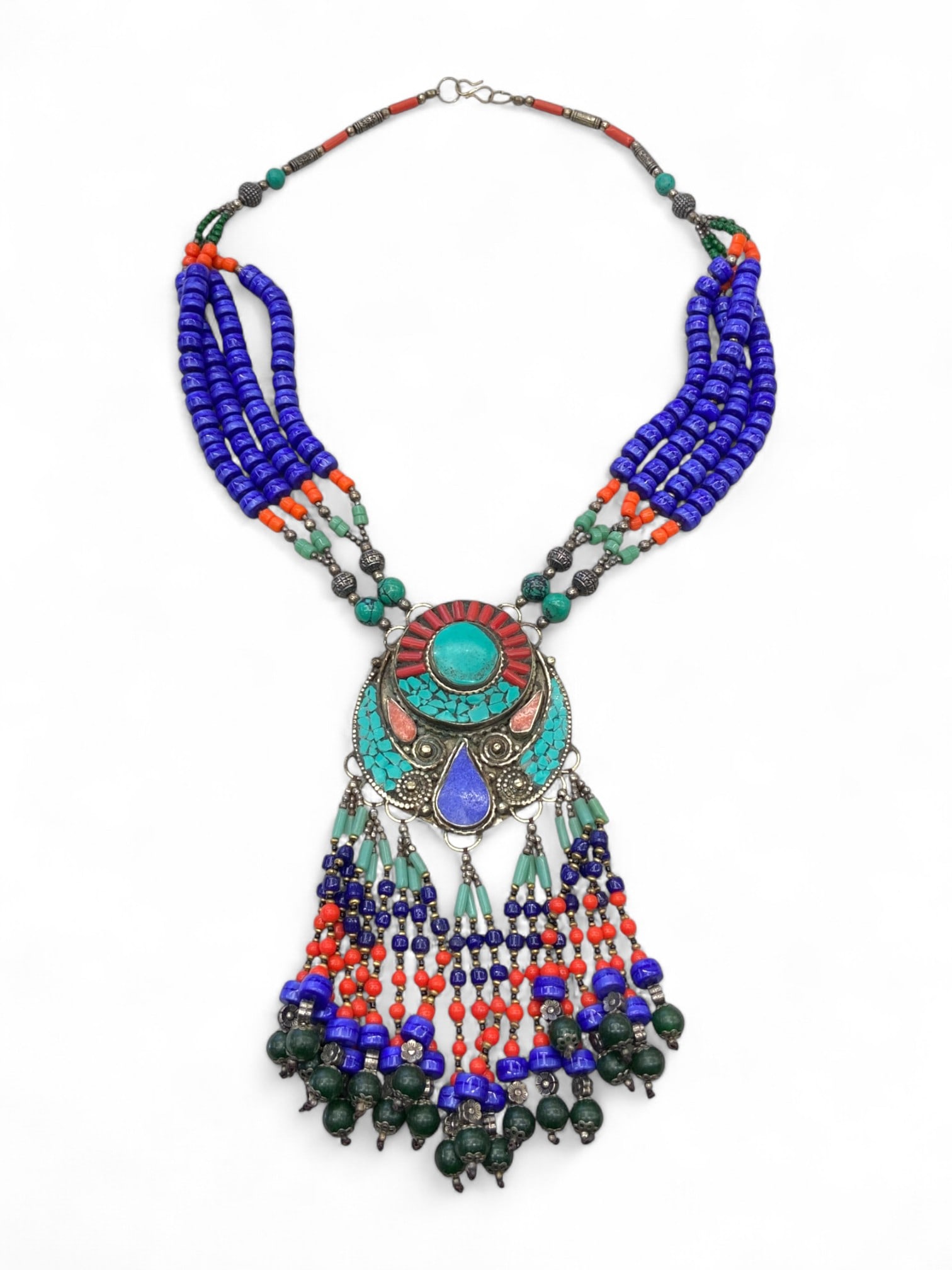 Central Asian Teardrop Medallion Silver Alloy Mosaic Necklace, Ceremonial Fringe Design - 250g (1 of 1)