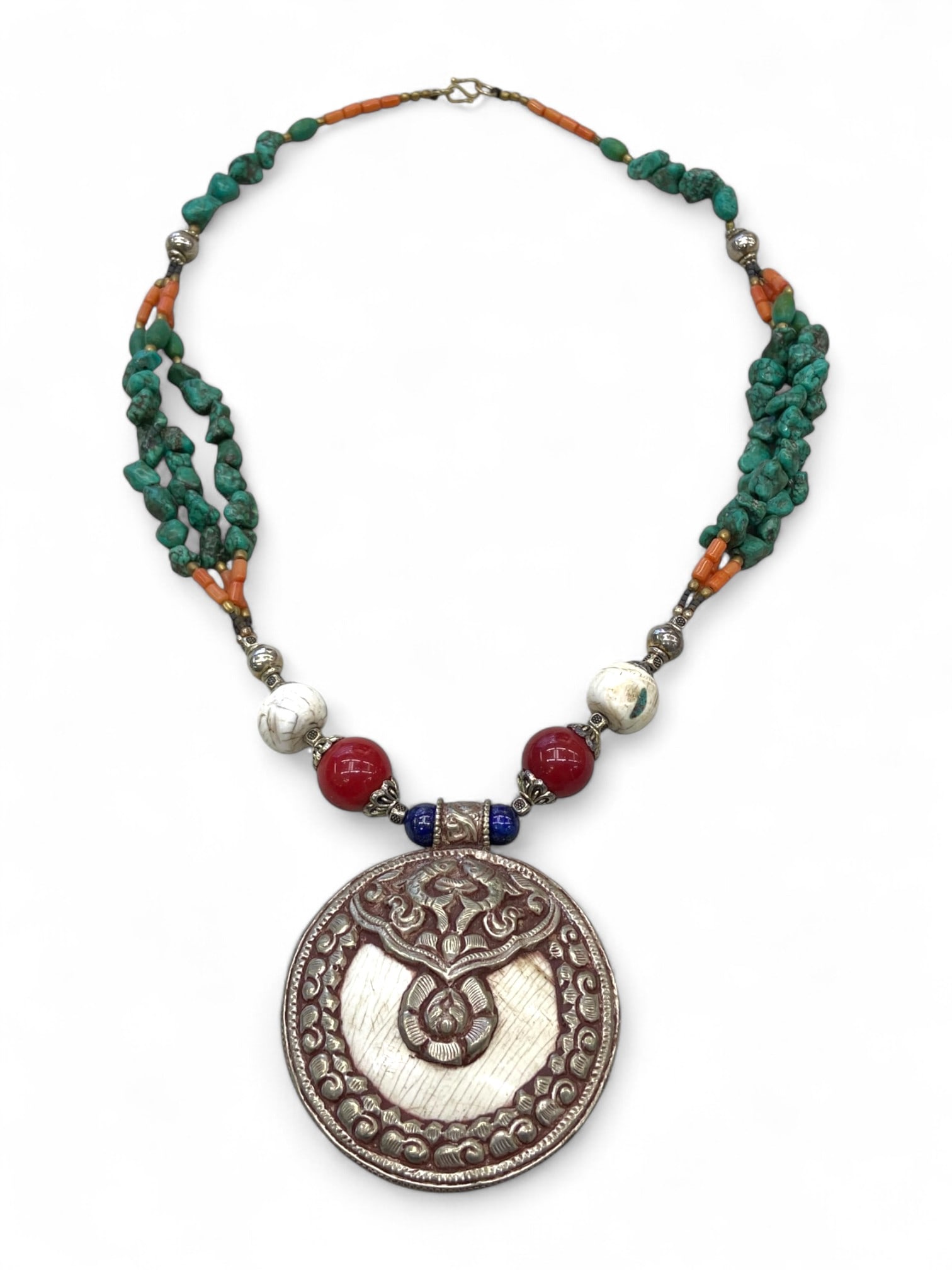 Tibetan Round Medallion Silver Alloy Coral-Turquoise Necklace, Floral Emblem Design - 125g (1 of 1)