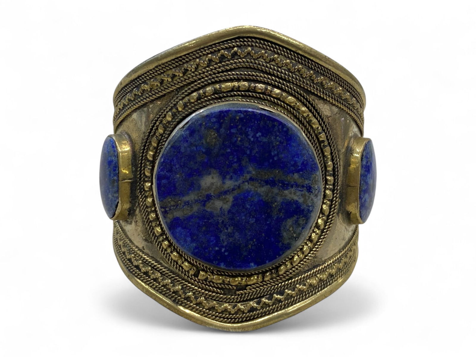 Vintage Himalayan Ornate Brass Bangle Bracelet with Lapis Lazuli Cabochons, 76g (1 of 3)