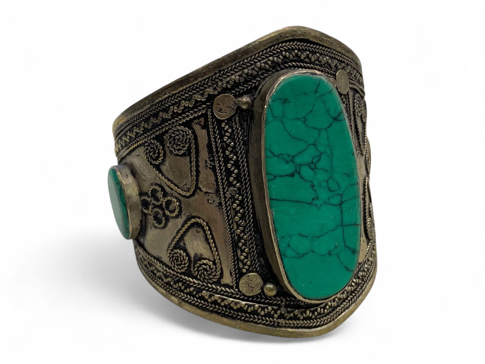 Vintage Himalayan Silvered Brass Bangle Bracelet with Green Turquoise Cabochons, 60g (1 of 3)