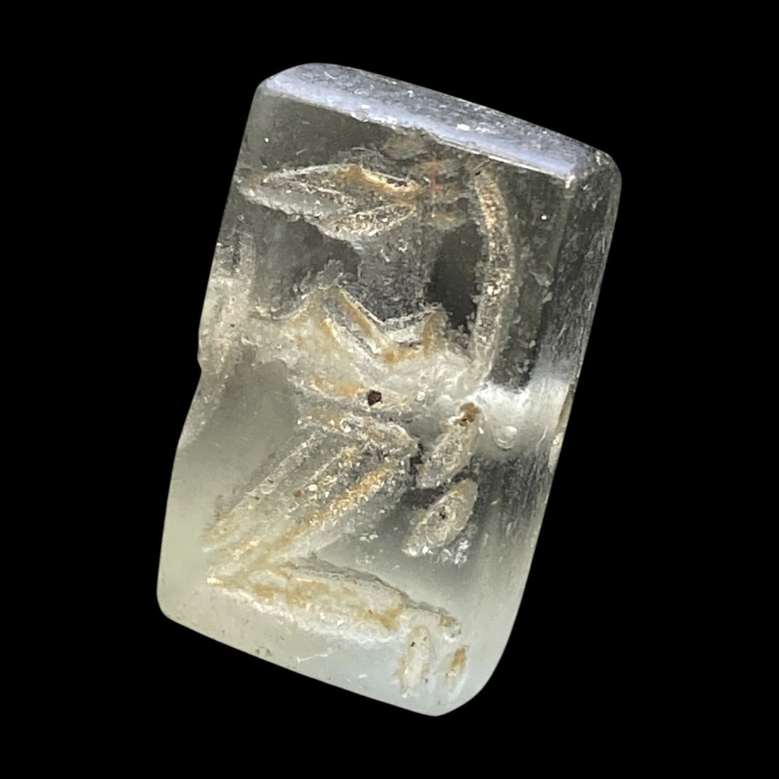 Ancient Sasanian Rock Crystal Stamp Seal, c. 3rd-6th Century CE, 2.2x1.5cm, 12g: This remarkable Sasanian stamp seal, finely carved from translucent rock crystal, dates to the height of the Sasanian Empire (224-651 CE), a dynasty celebrated for its administrative sophistication, a
