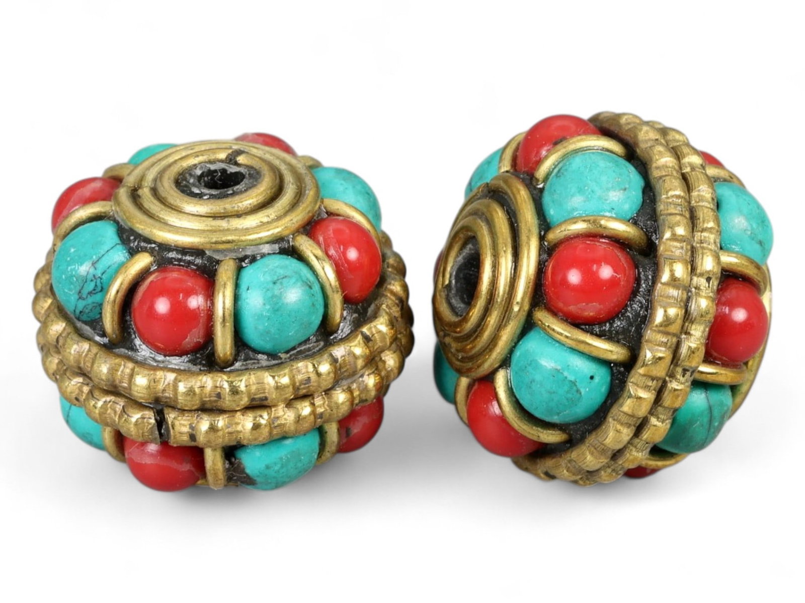 Vintage Himalayan Tribal Turquoise Coral Brass Bead Pair, 20th Century, 1.5cm: This finely crafted pair of vintage Himalayan beads highlights the vibrant aesthetic of mountain jewelry traditions. Each bead measures 1.5 cm and is constructed with alternating turquoise and coral c