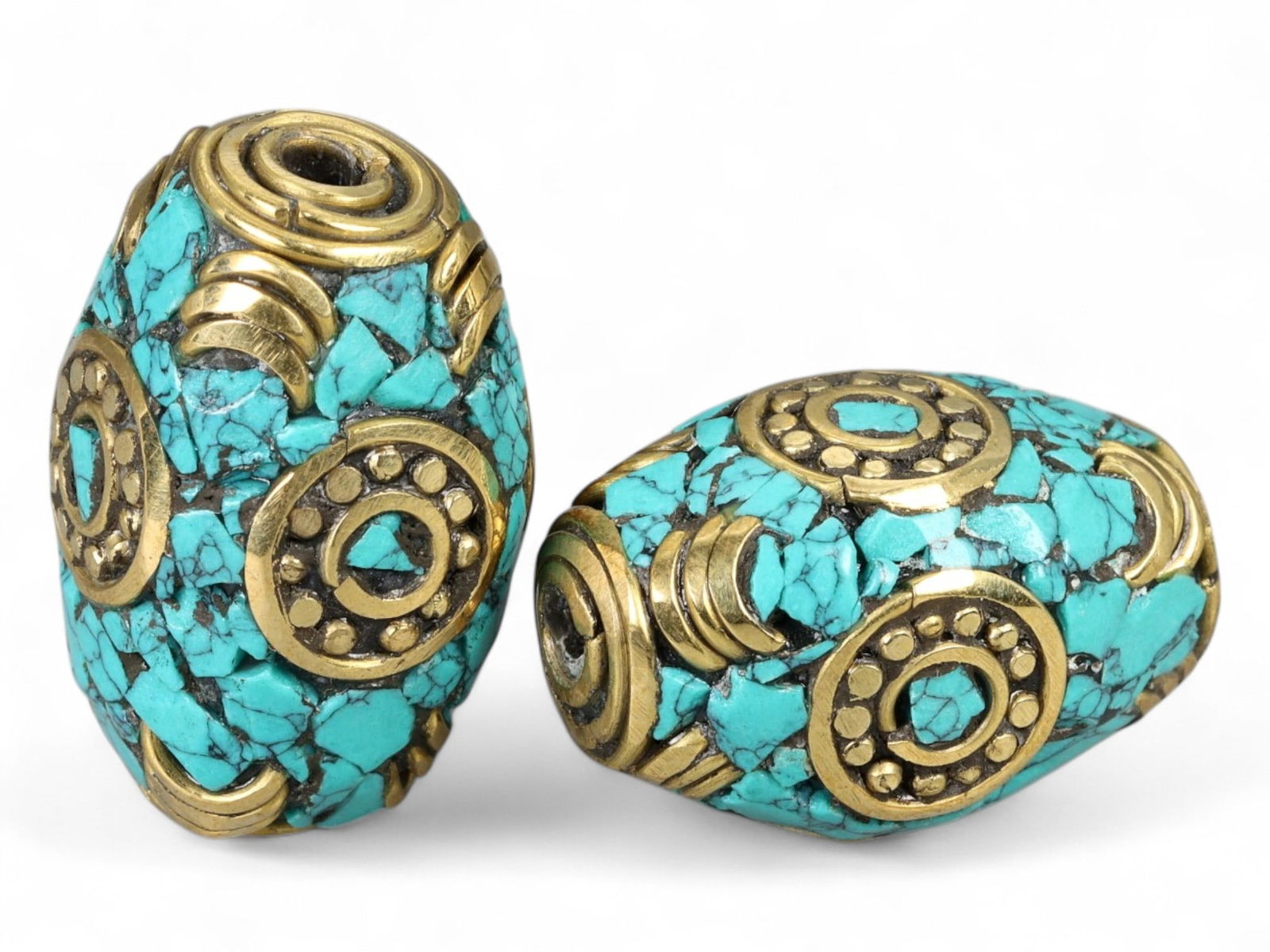 Vintage Himalayan Tribal Turquoise Brass Mosaic Bead Pair, 20th Century, 2.5cm (1 of 1)