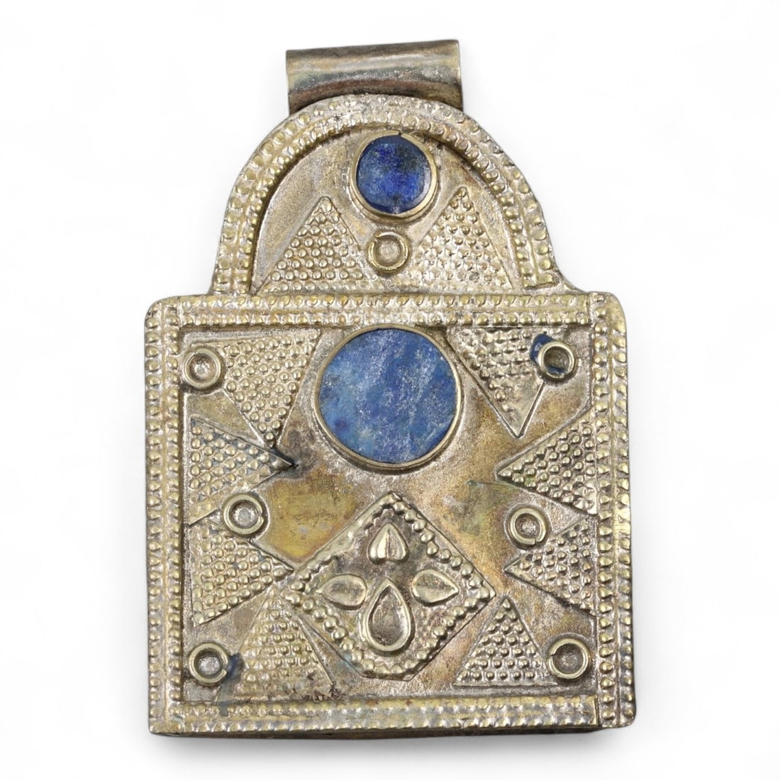Antique Himalayan Silver Amulet Box Pendant with Glass Inlays, c. 19th Century, 5.5cm (1 of 2)