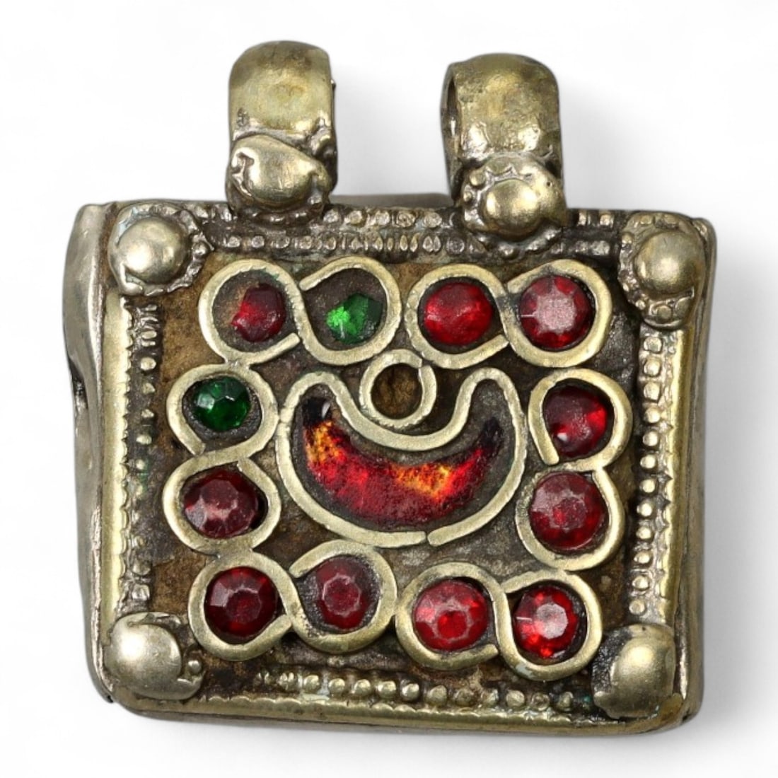 Antique Himalayan Silver Amulet Box Pendant with Glass Inlays, c. 19th Century, 3cm (1 of 2)