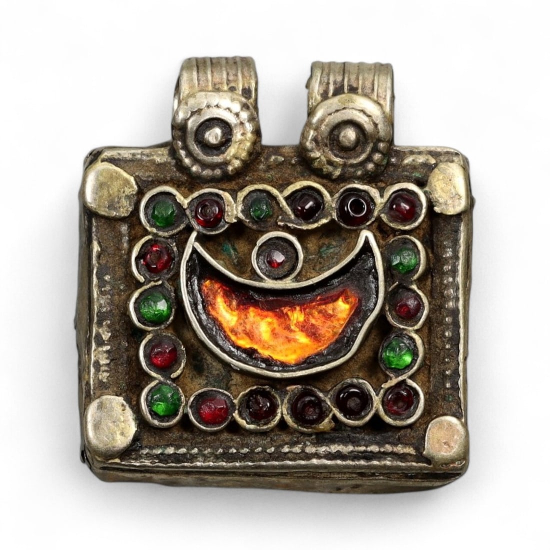 Antique Himalayan Silver Amulet Box Pendant with Glass Inlays, c. 19th Century, 3cm (1 of 2)