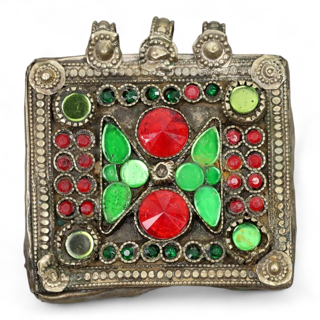 Antique Himalayan Silver Amulet Box Pendant with Glass Inlays, c. 19th Century, 6.5cm (1 of 2)