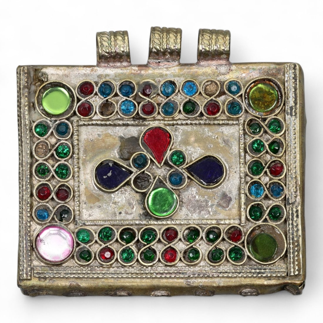 Antique Himalayan Silver Amulet Box Pendant with Glass Inlays, c. 19th Century, 7cm (1 of 2)