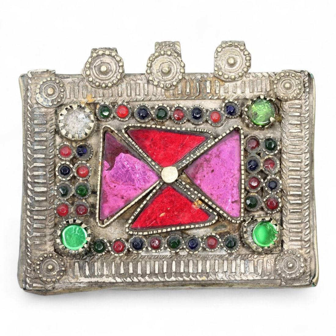 Antique Himalayan Silver Amulet Box Pendant with Glass Inlays, c. 19th Century, 7cm (1 of 2)