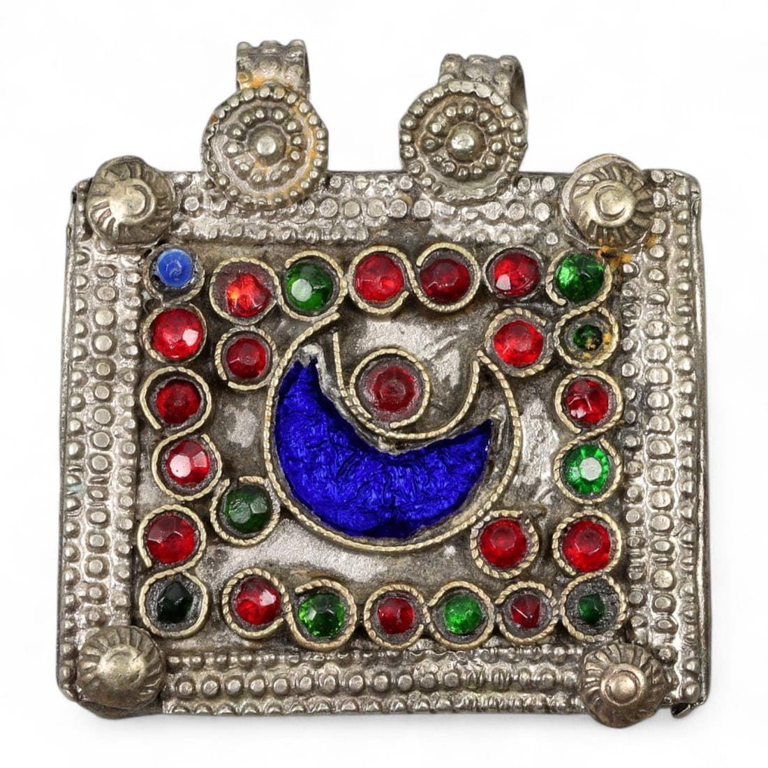Antique Himalayan Silver Amulet Box Pendant with Glass Inlays, c. 19th Century, 4.5cm (1 of 2)