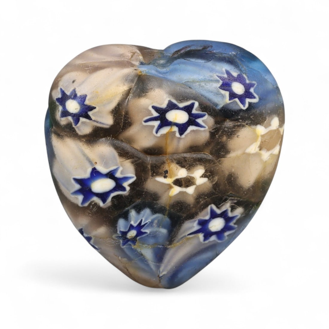 Antique Venetian Millefiori Glass Heart Bead, c. 19th Century CE, 3cm: This antique Venetian millefiori bead, shaped into a heart, dates to the 19th century CE and exemplifies the exquisite artistry of Murano glassmakers. Measuring 3 cm, it features intricate floral cane
