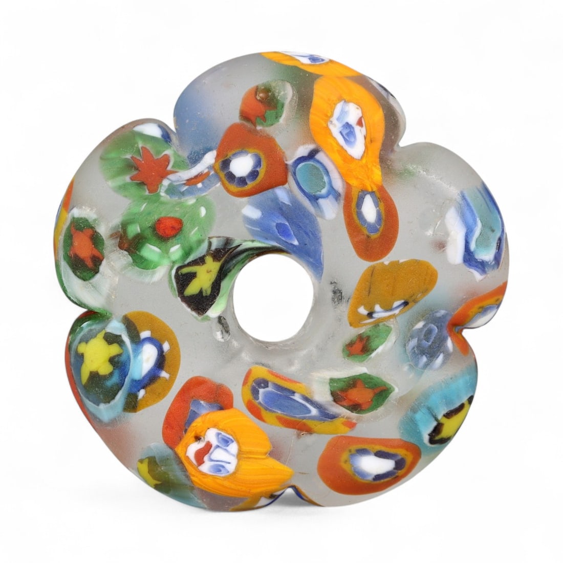Vintage Venetian Millefiori Glass Rosette Bead, c. Early 20th Century, 4cm: This striking vintage Venetian millefiori bead, dating to the early 20th century, exemplifies the artistry of Murano glassmakers. Measuring 4 cm, the bead is crafted in a floral rosette form, its clea
