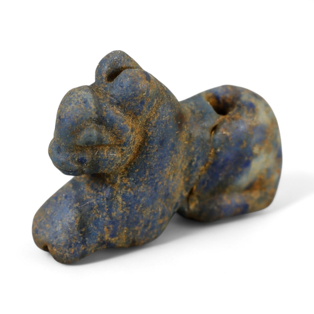Ancient Bactrian Lapis Lazuli Feline Amulet, c. 3rd-2nd Millennium BCE, 1.5cm: This finely carved feline amulet, crafted from deep blue lapis lazuli. It originates from Bactria (ancient Afghanistan, c. 2300-1700 BCE), a region celebrated for its lapidary artistry and as the worl