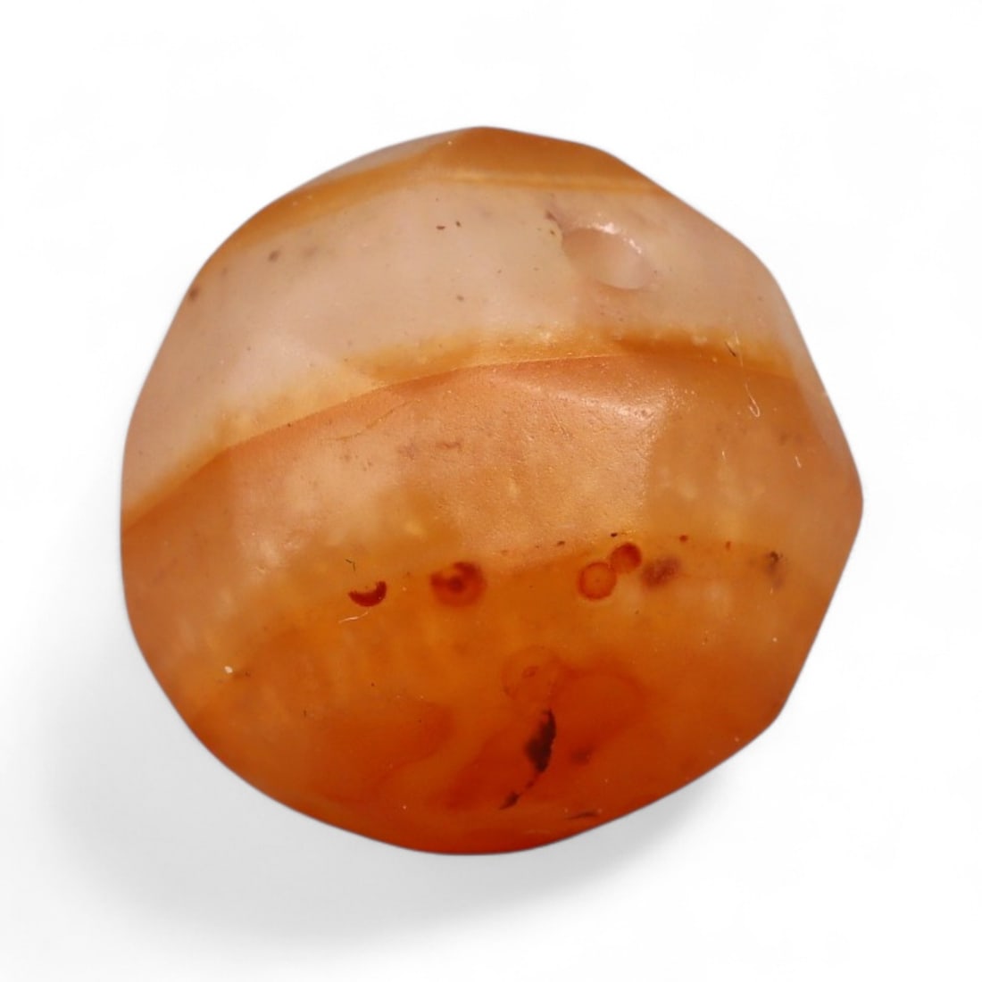 Antique Mughal Carnelian Faceted Bead, c. 16th-18th Century, 1.5cm: This antique faceted carnelian bead, dating to the Mughal period (c. 16th-18th century), reflects the refinement of Indian lapidary traditions under one of the most celebrated empires of the medieval 